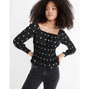 Madewell Top Medium (Re)sourced Georgette Square-Neck Smock-Waist Bloom Dot